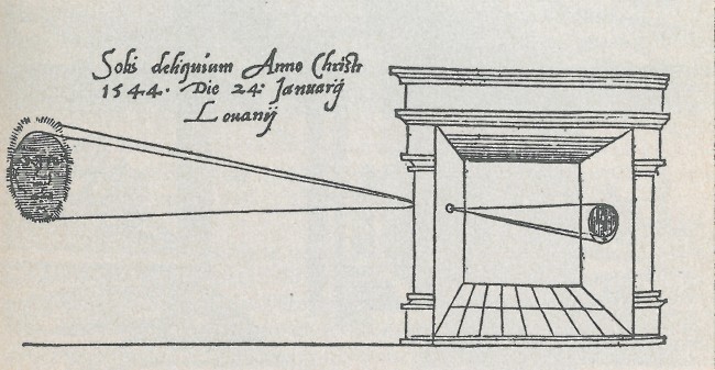 The first published image of a camera obscura, from “De Radio Astronomica et Geometrica” by Gemma Frisius (1545).